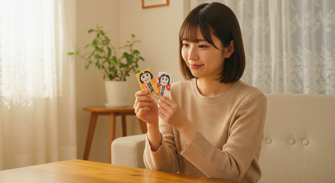 かなえやの護符を2枚手に取り、未来への希望を胸に穏やかな表情を浮かべる日本人女性