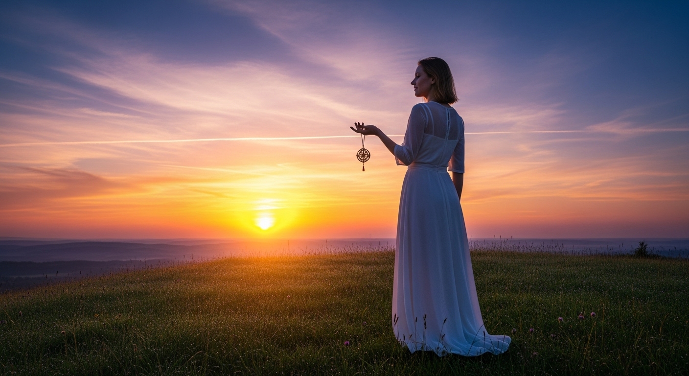 美しい夜明けの光の中、ひとりの女性が丘の上に立っている。彼女は晴れやかな表情で遠くの空を見つめている。彼女の手には、一枚の護符が優しく握られている。背景には広大な空と昇る朝日。自由と新しい始まりを感じさせる、感動的で美しい風景。