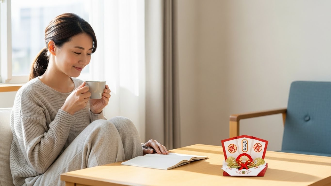 30代日本人女性、自然光の入る静かなリビングの窓辺。リラックスした部屋着、温かいお茶を持ち、テーブルの上の手帳を優しい笑顔で見ている。テーブルには和紙の護符が丁寧に置かれている